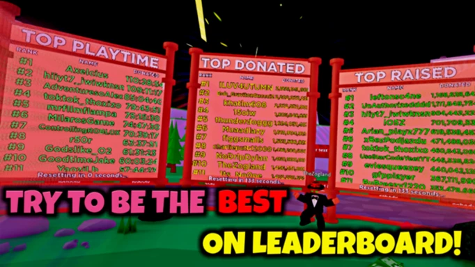 The leaderboard in Earn and Donate codes