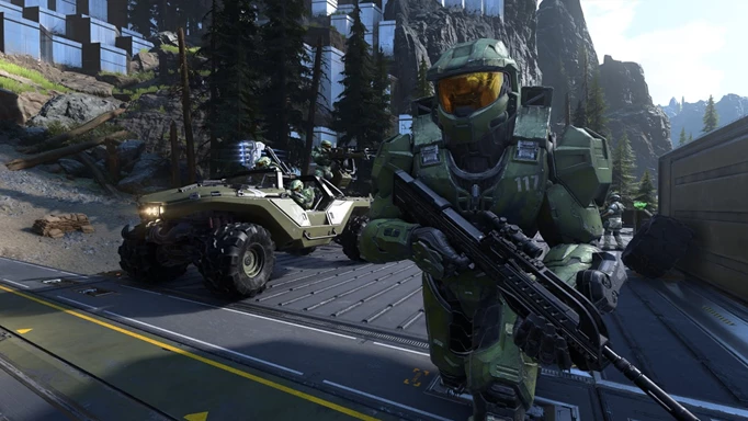 Halo Infinite Player Count: Master Chief running alongside a Warthog