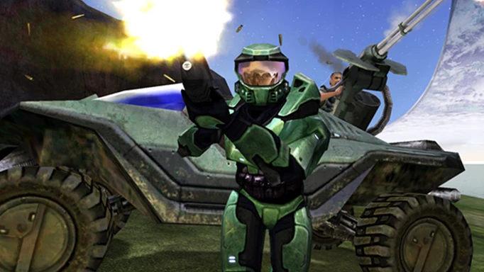 Halo: Combat Evolved's Master Chief, firing a rifle.